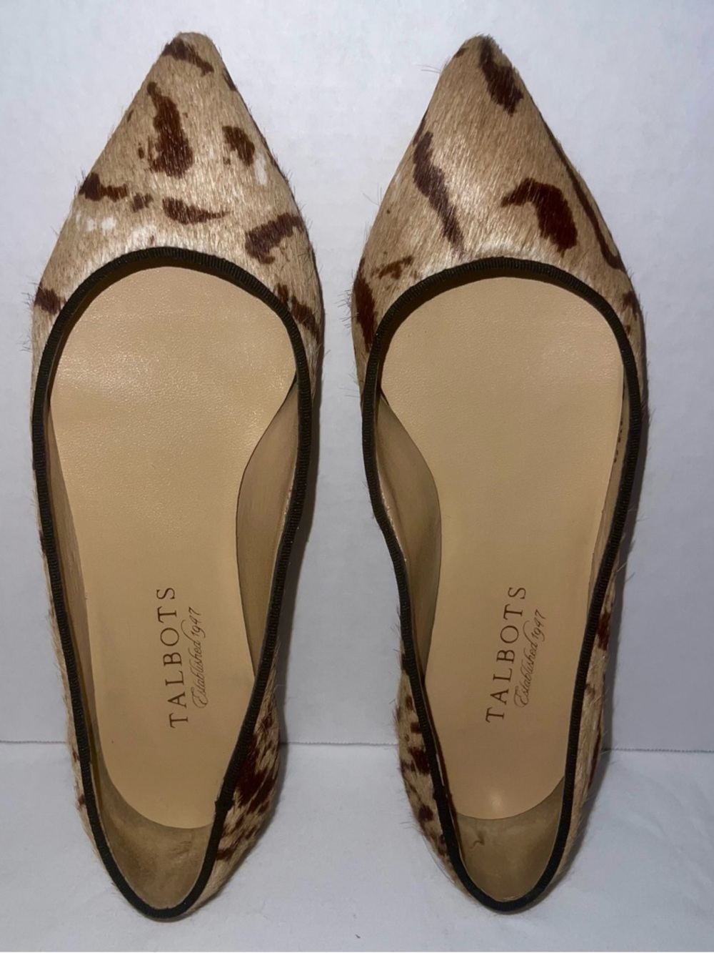 Talbots Pointed-Toe Calf Hair Flats in Beige and Brown Animal Print